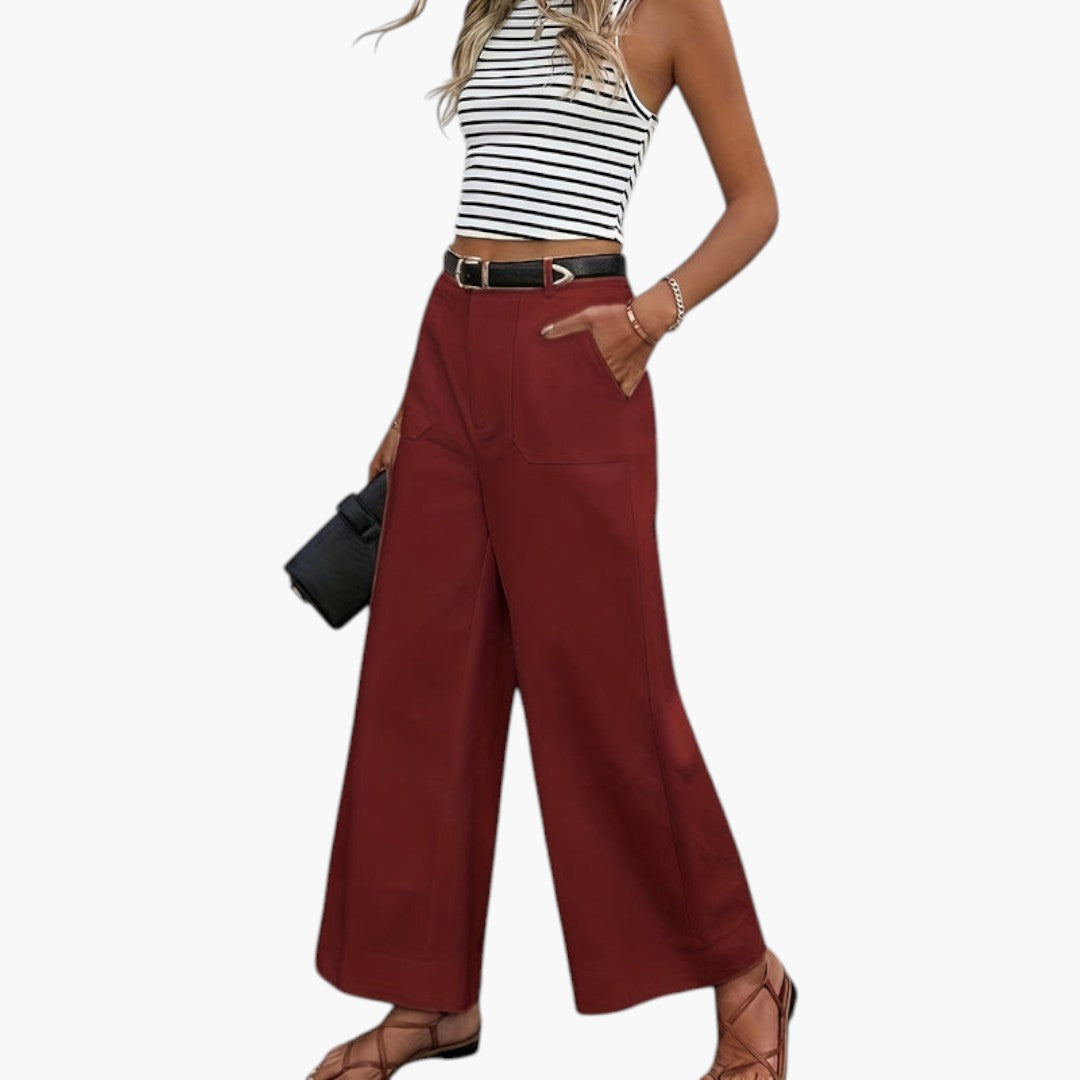 Pantalon Femme Taille Haute avec Fermeture Zippée et Poches Latérales