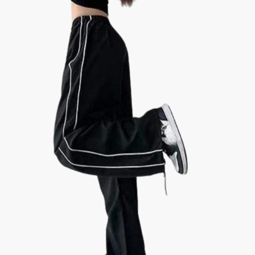 Pantalon palazzo femme avec taille élastique et surpiqûres contrastées