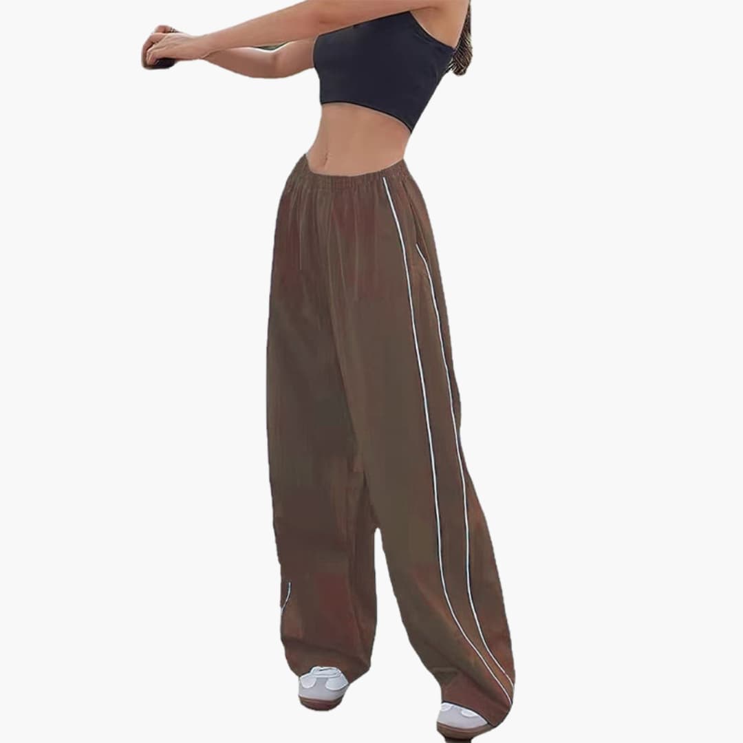 Pantalon palazzo femme avec taille élastique et surpiqûres contrastées