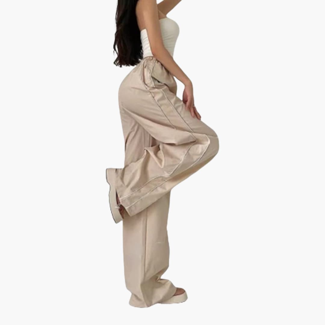 Pantalon palazzo femme avec taille élastique et surpiqûres contrastées