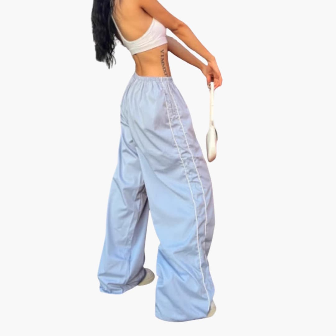 Pantalon palazzo femme avec taille élastique et surpiqûres contrastées