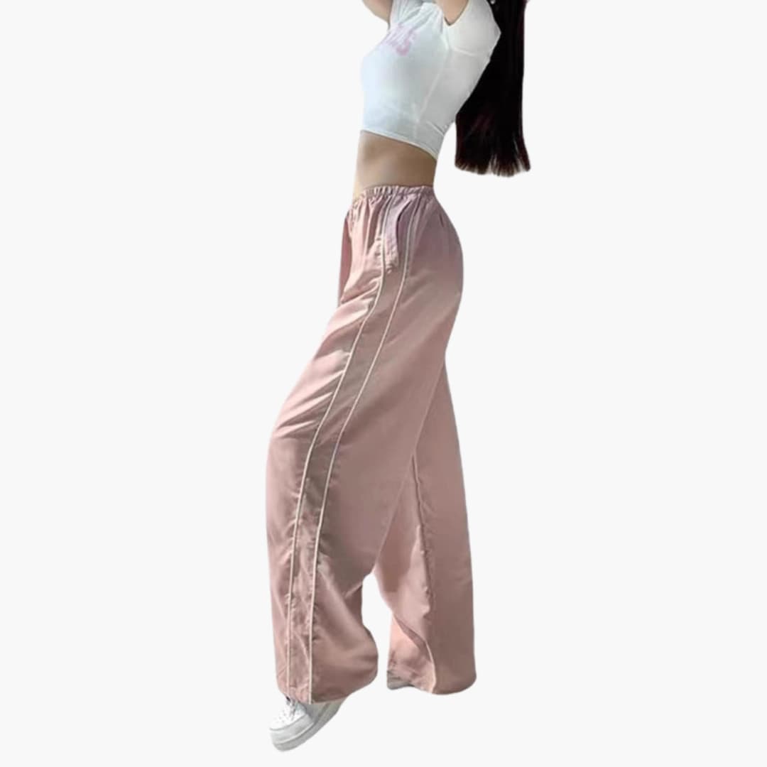 Pantalon palazzo femme avec taille élastique et surpiqûres contrastées