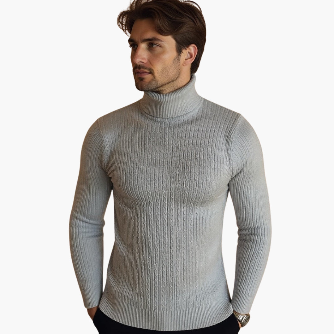 Herren Rollkragenpullover mit Zopfmuster und geripptem Saum