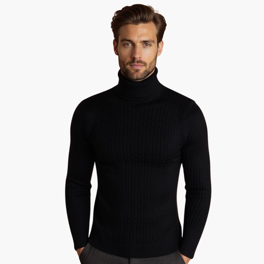 Herren Rollkragenpullover mit Zopfmuster und geripptem Saum
