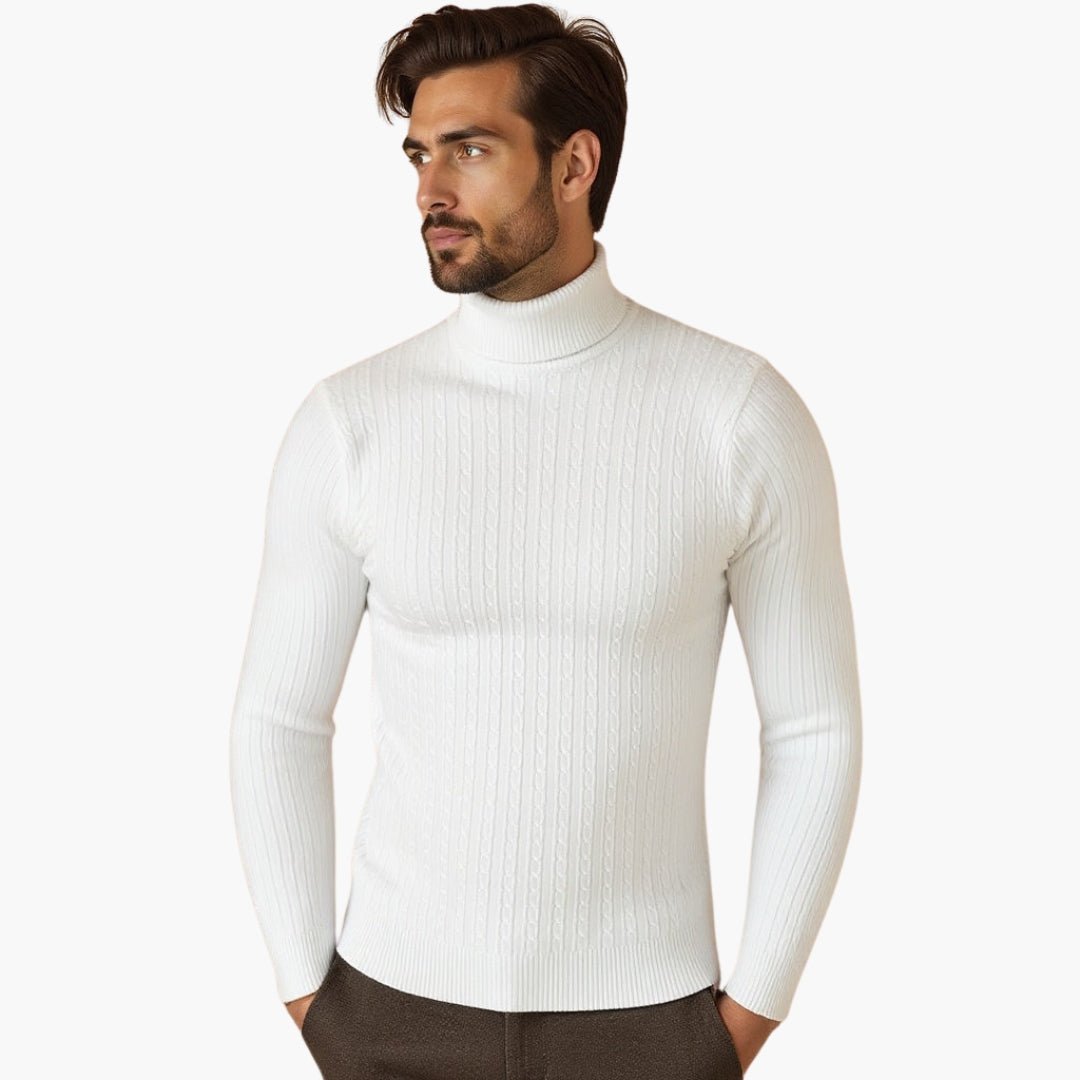 Herren Rollkragenpullover mit Zopfmuster und geripptem Saum