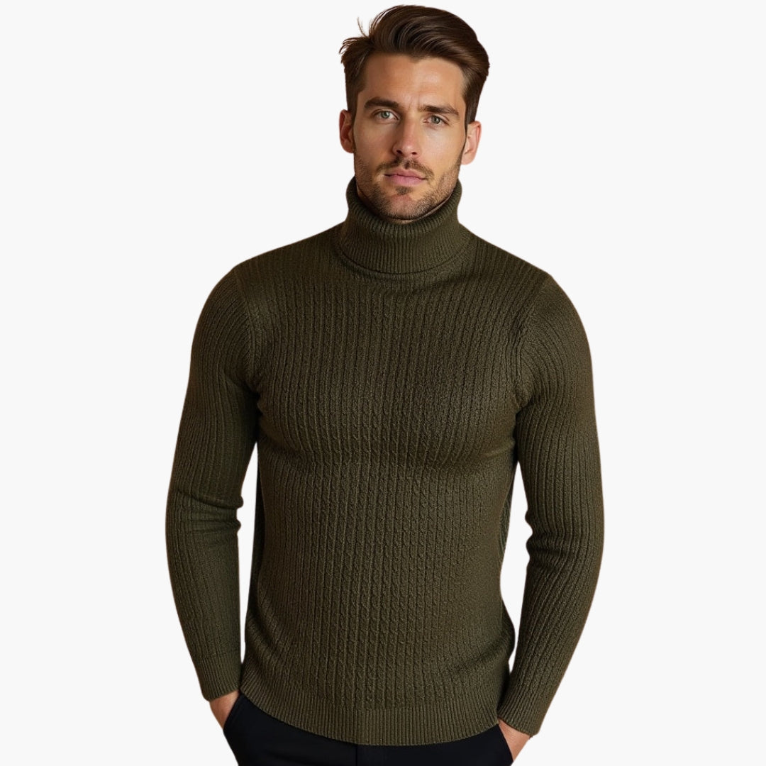 Herren Rollkragenpullover mit Zopfmuster und geripptem Saum