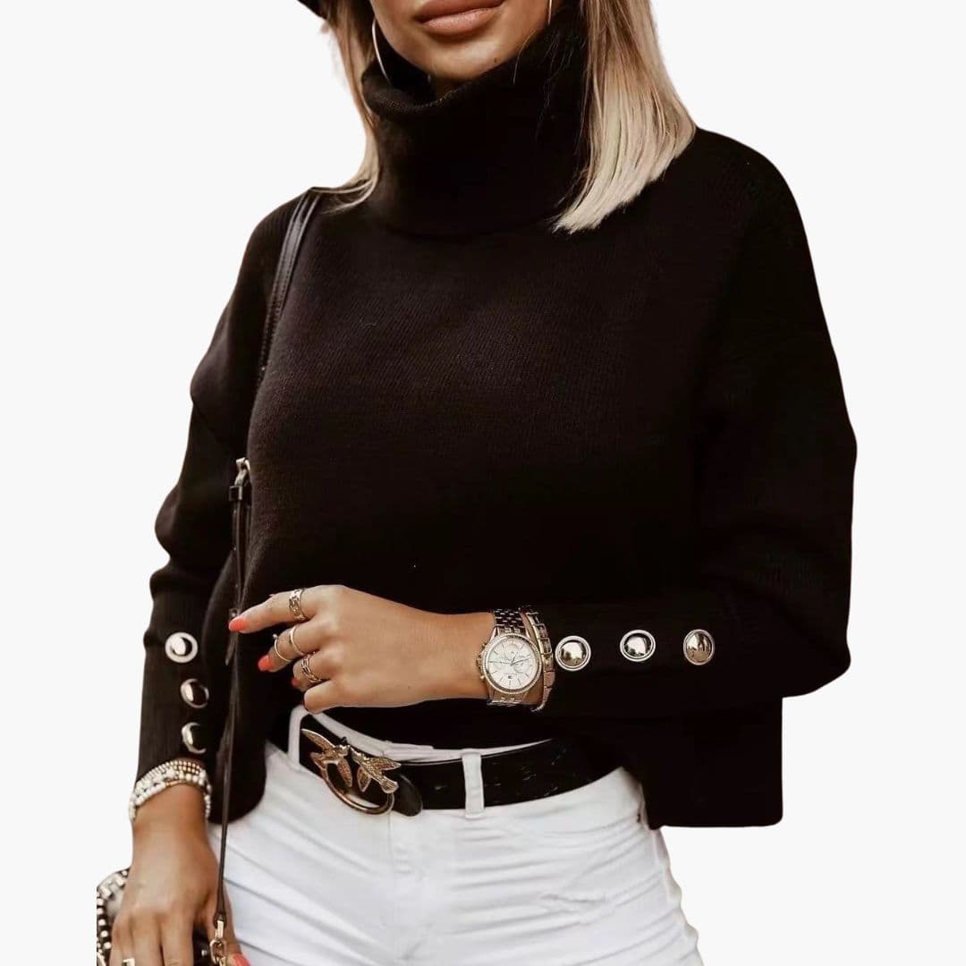 Pull Femme Col Roulé à Boutons et Manches Longues