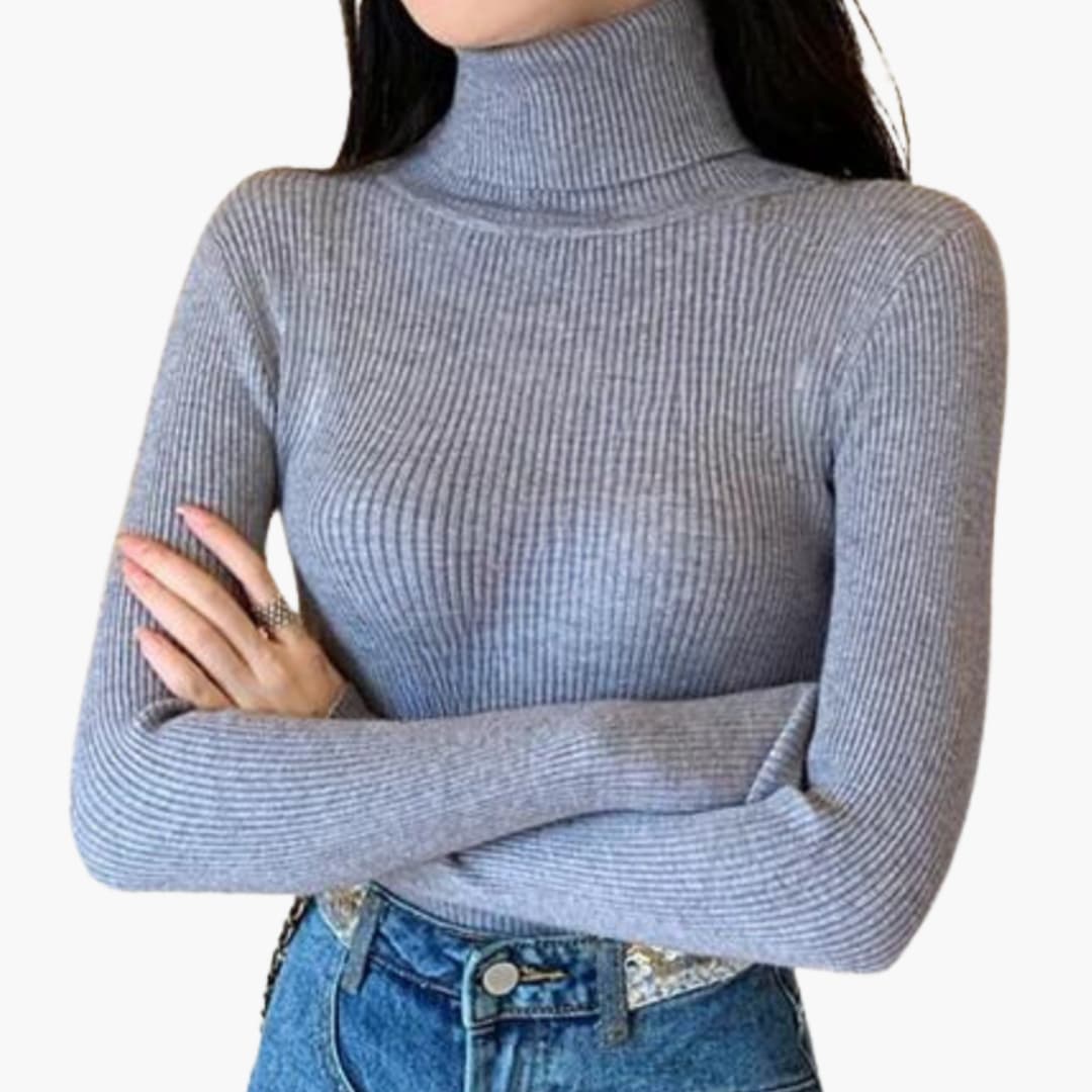 Dame rullekrave sweater med ribstrik og lange ærmer