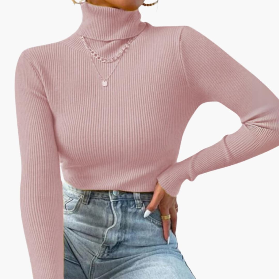 Dame rullekrave sweater med ribstrik og lange ærmer