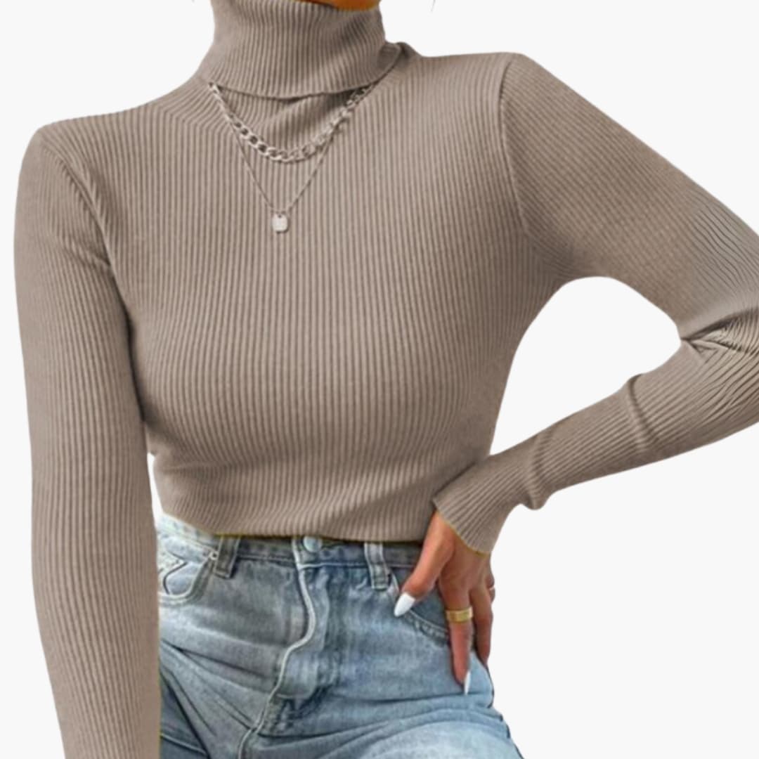 Dame rullekrave sweater med ribstrik og lange ærmer