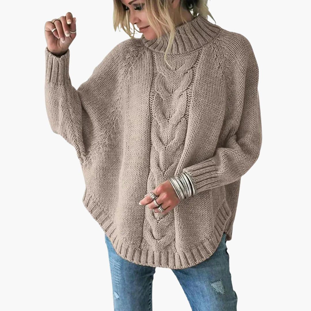 Maglione Donna Larga in Maglia con Collo Alto e Motivo Intrecciato