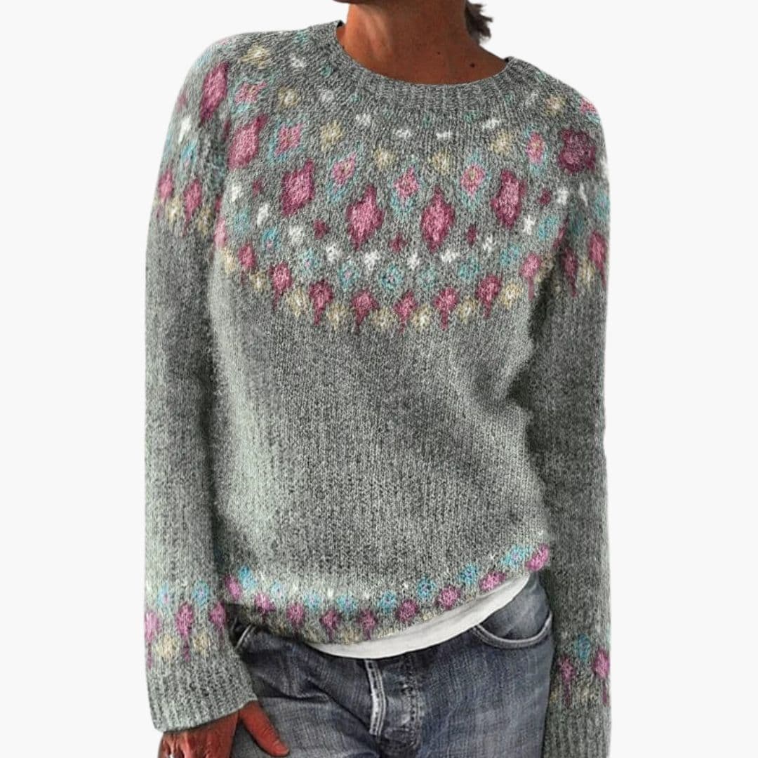 Damenpullover mit Rundhalsausschnitt und geometrischem Strickmuster