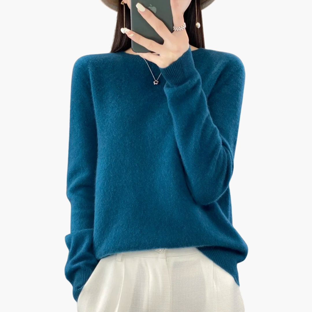 Pull Femme en Maille à Col Rond avec Poignets Côtelés