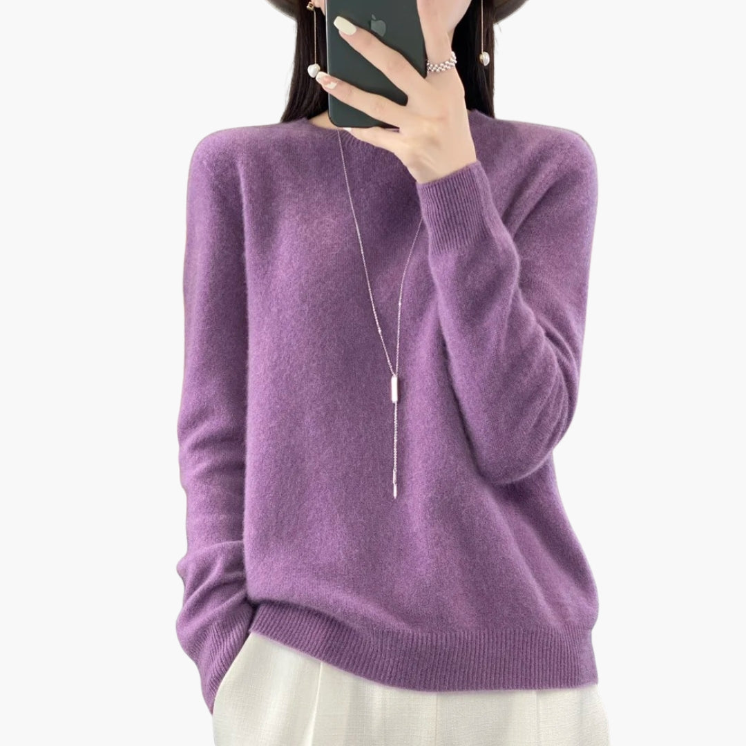 Pull Femme en Maille à Col Rond avec Poignets Côtelés