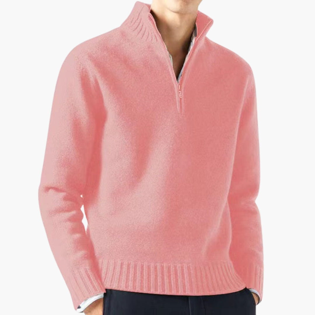 Herrenpullover mit halbem Reißverschluss, Stehkragen und geripptem Saum