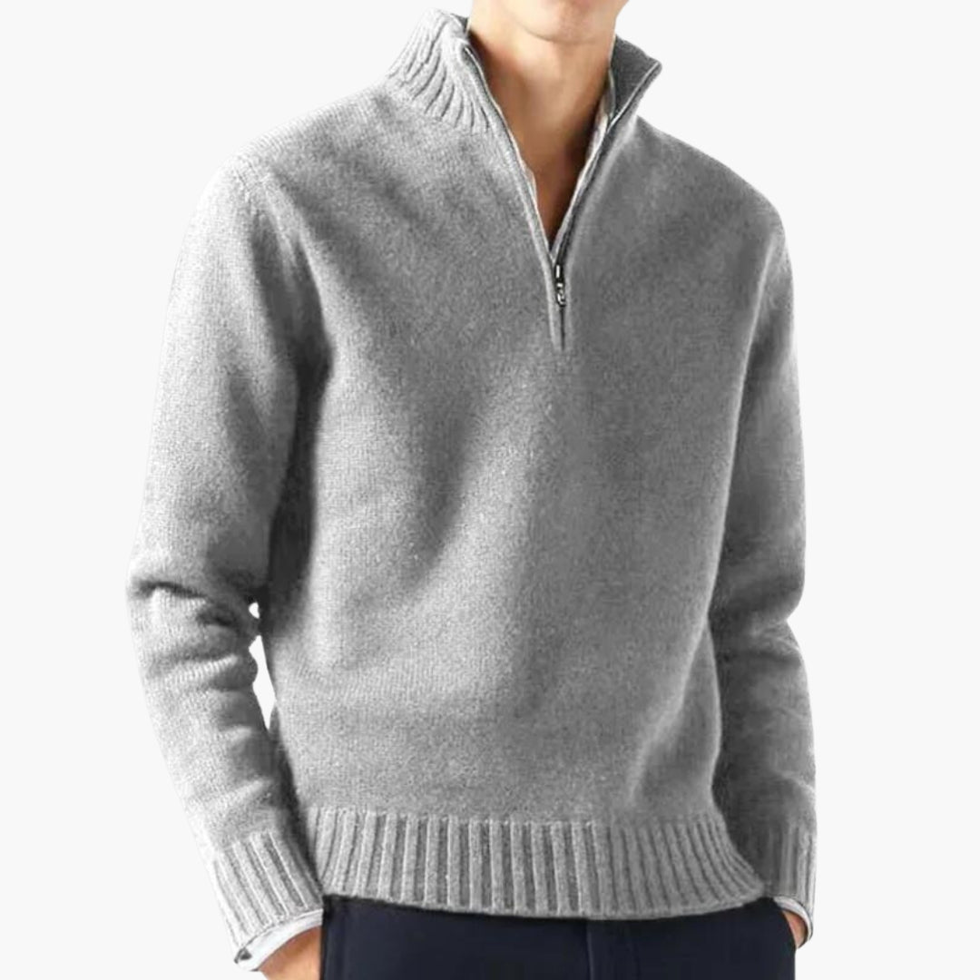 Herrenpullover mit halbem Reißverschluss, Stehkragen und geripptem Saum