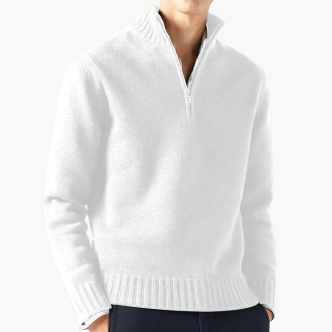 Herrenpullover mit halbem Reißverschluss, Stehkragen und geripptem Saum