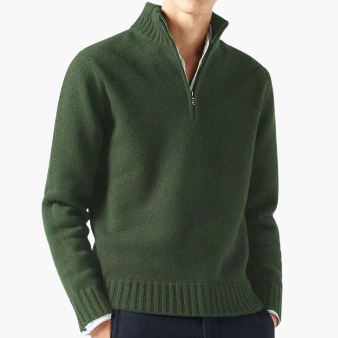 Herrenpullover mit halbem Reißverschluss, Stehkragen und geripptem Saum