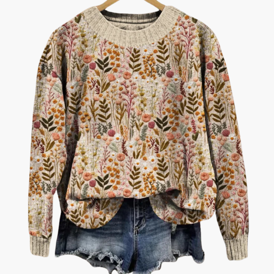 Pull à fleurs pour femme avec col rond et manches longues