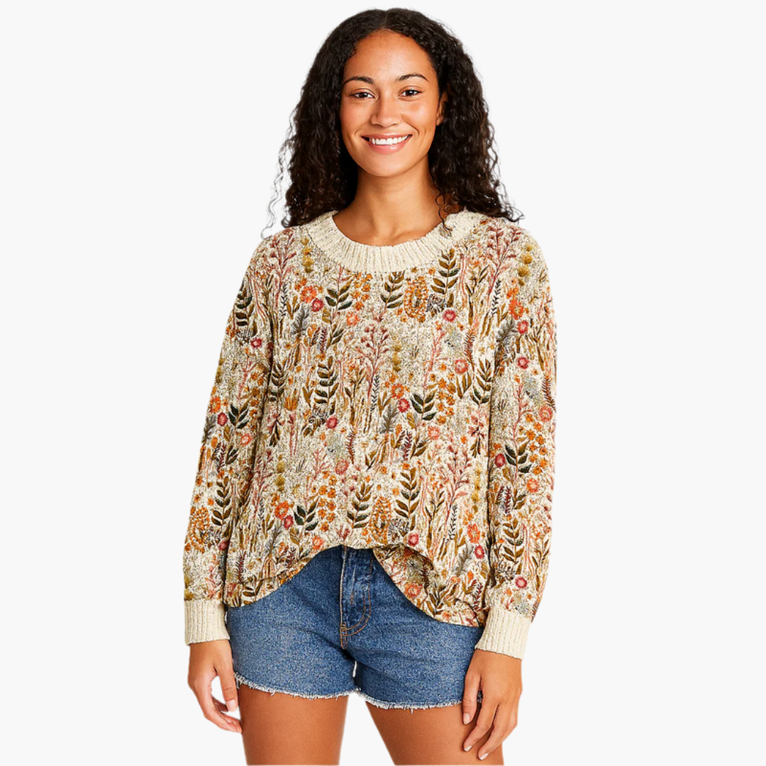 Pull à fleurs pour femme avec col rond et manches longues