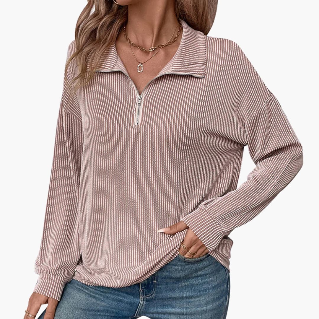 Pull à rayures pour femme avec demi zip et manches longues