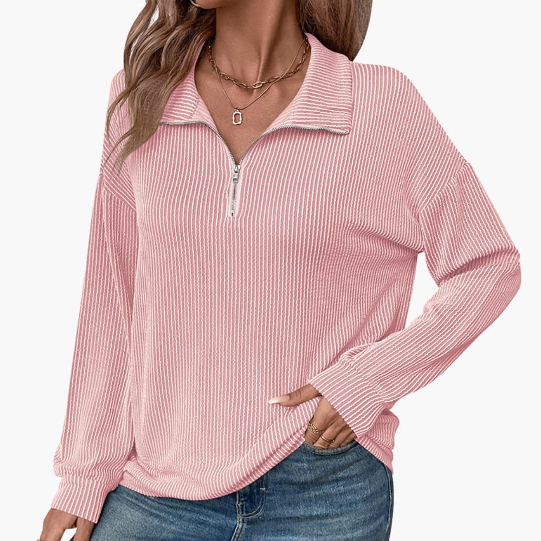 Pull à rayures pour femme avec demi zip et manches longues