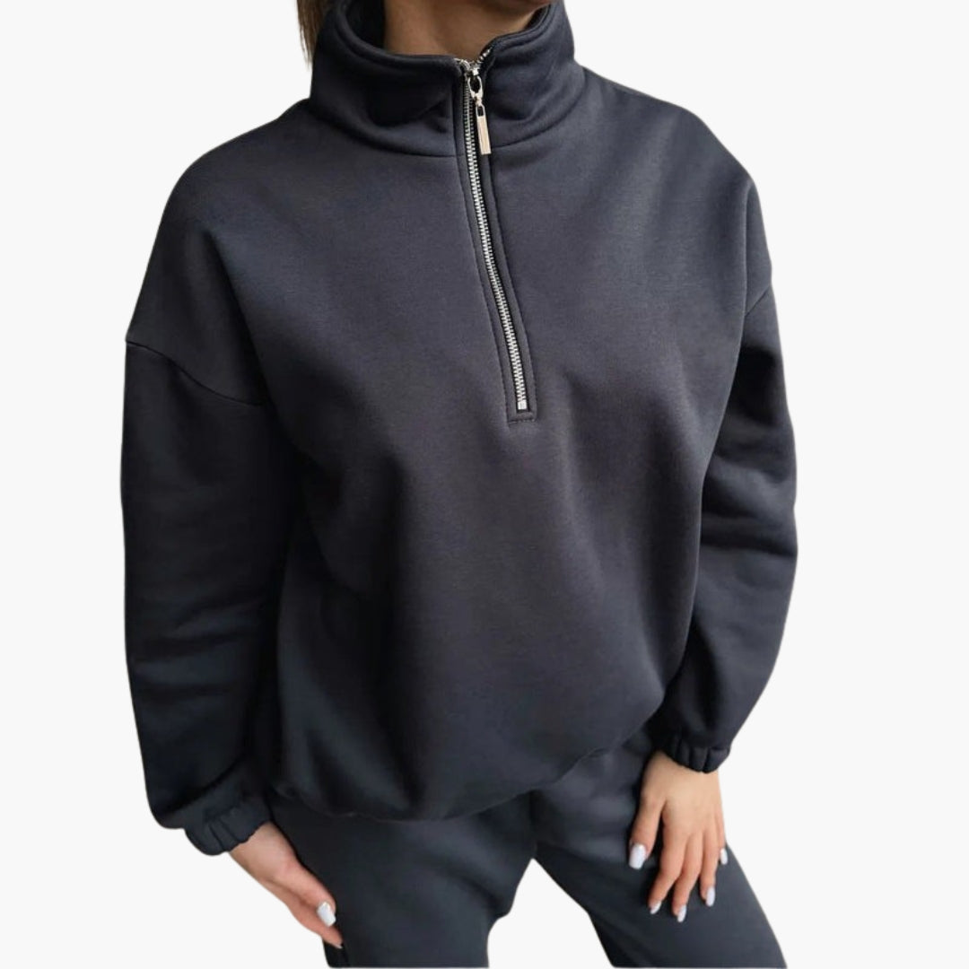 Camisola de desporto feminina com gola alta e meio fecho éclair