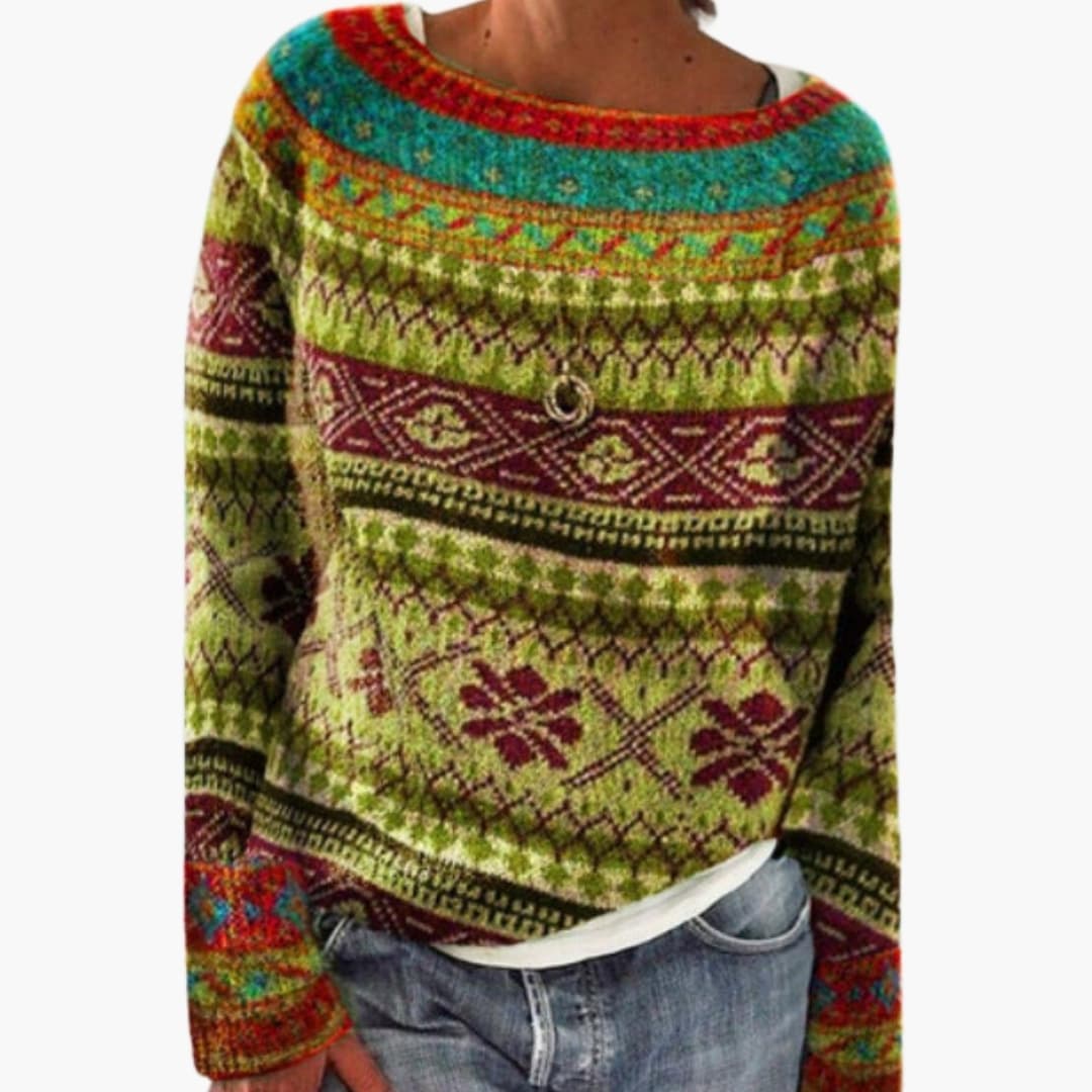 Damenpullover aus Strick mit Rundhalsausschnitt und Waldmuster