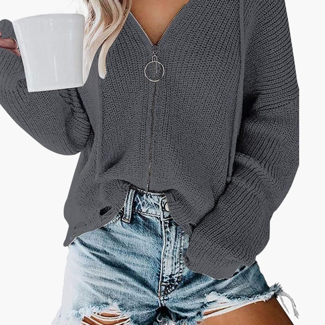 Strickpullover für Damen mit Reißverschluss und V-Ausschnitt