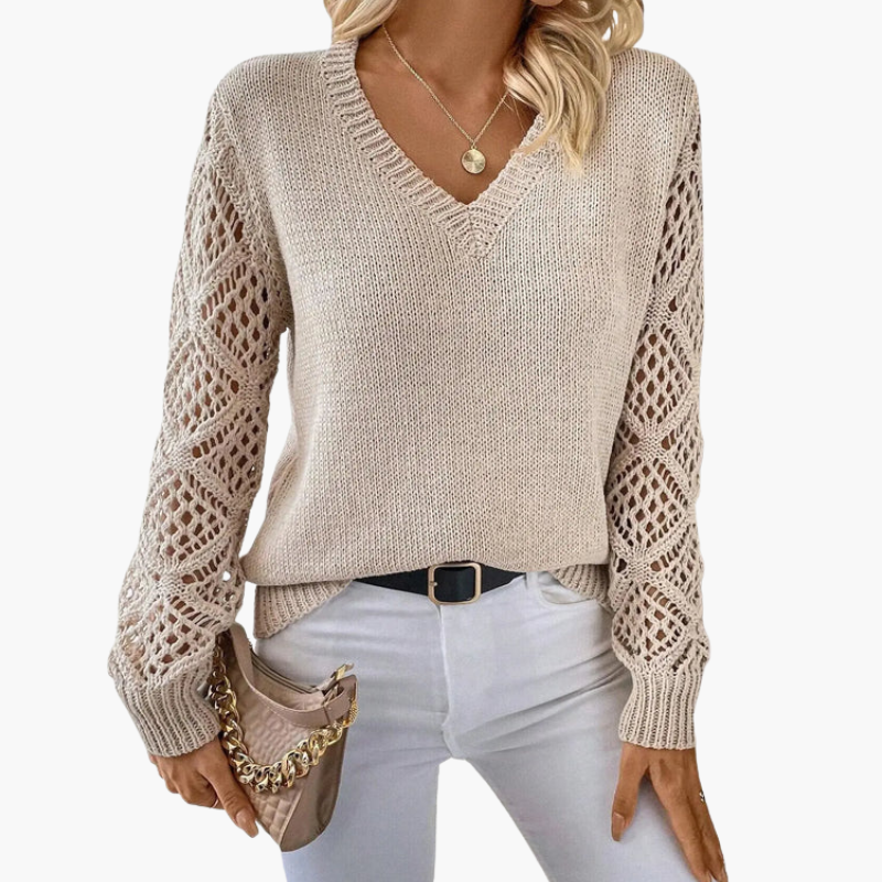 Pull femme à col en V en maille avec manches ajourées