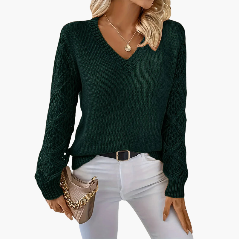 Pull femme à col en V en maille avec manches ajourées