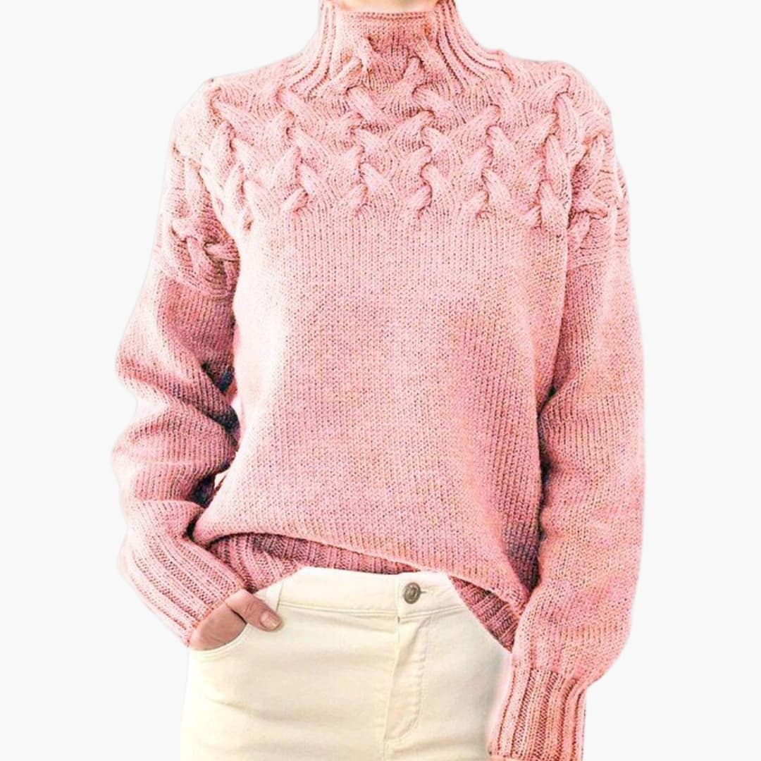 Pull femme à col montant avec torsades tricotées