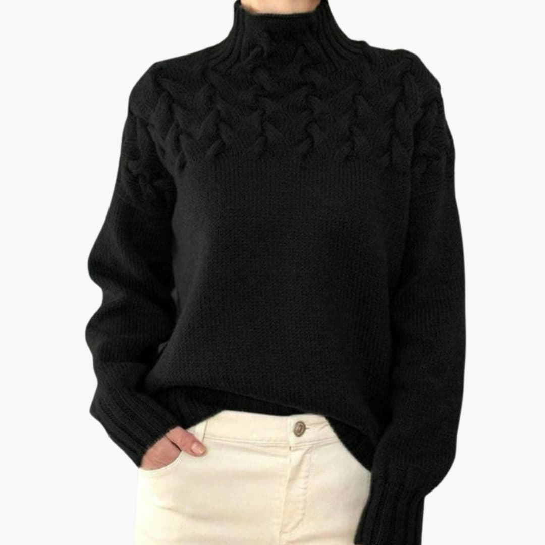 Pull femme à col montant avec torsades tricotées