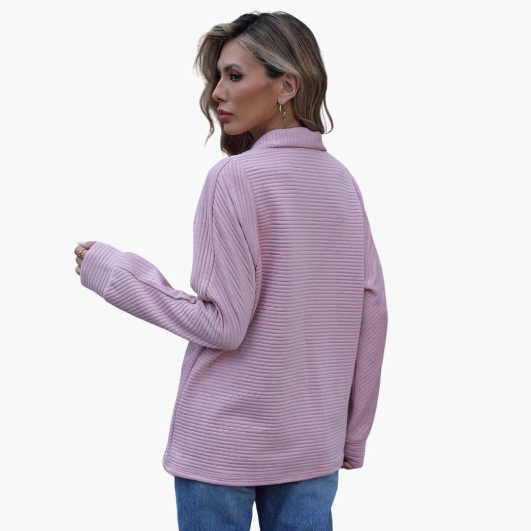 Pull femme côtelé à demi zip et manches larges