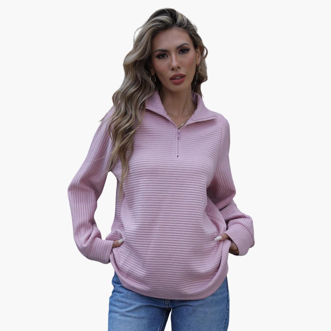 Pull femme côtelé à demi zip et manches larges