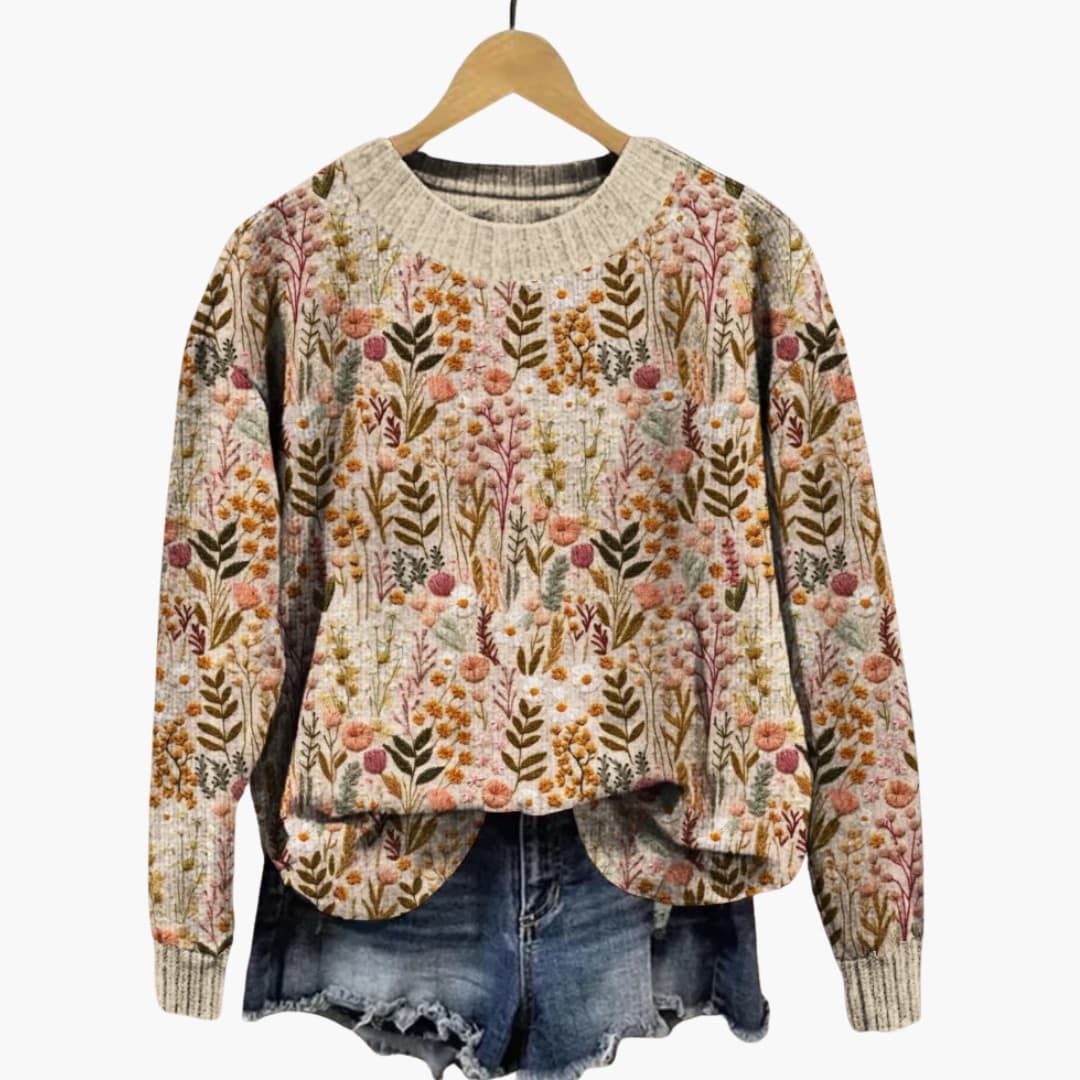 Pull femme en maille avec motif floral et encolure ronde