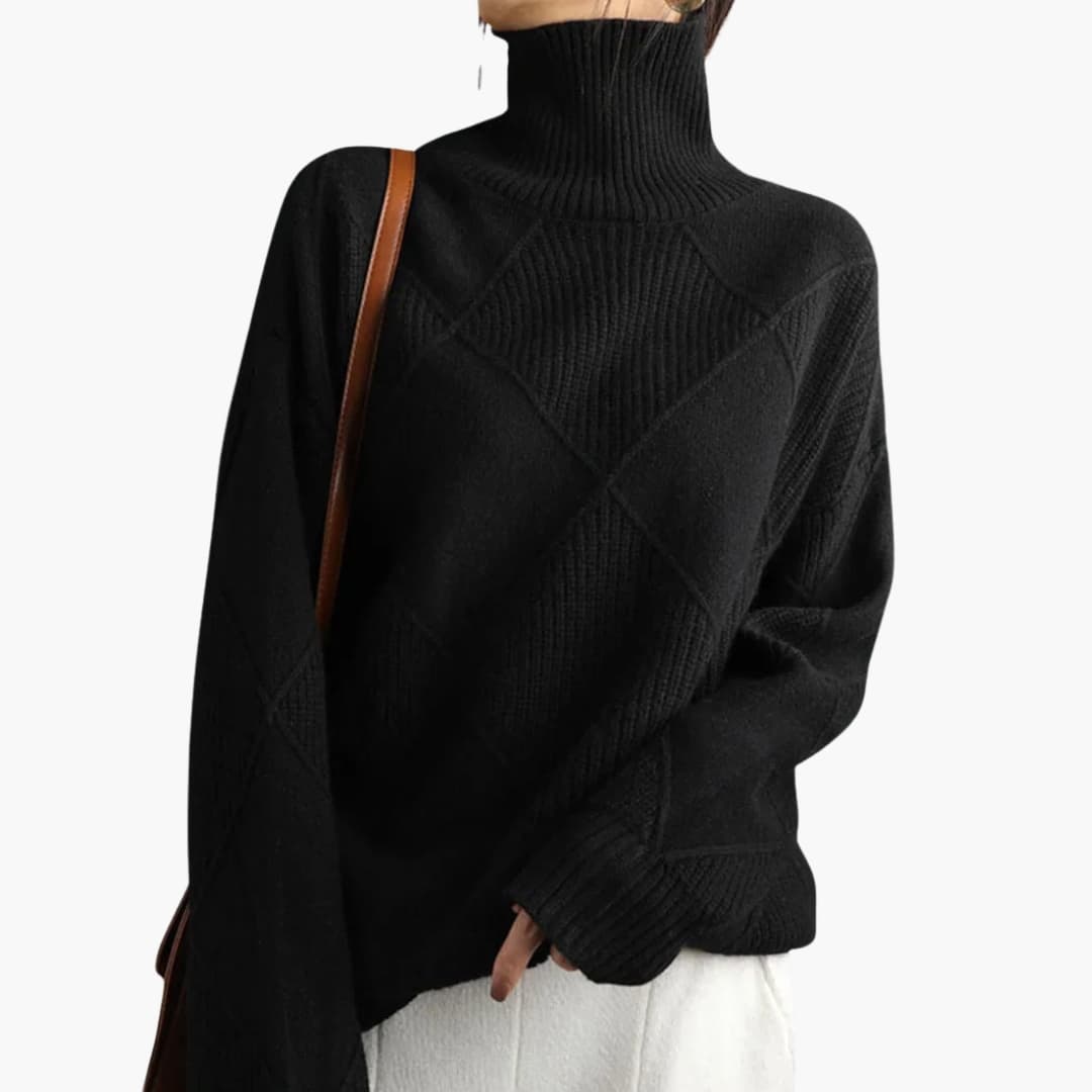 Pull femme en maille col roulé avec motif géométrique
