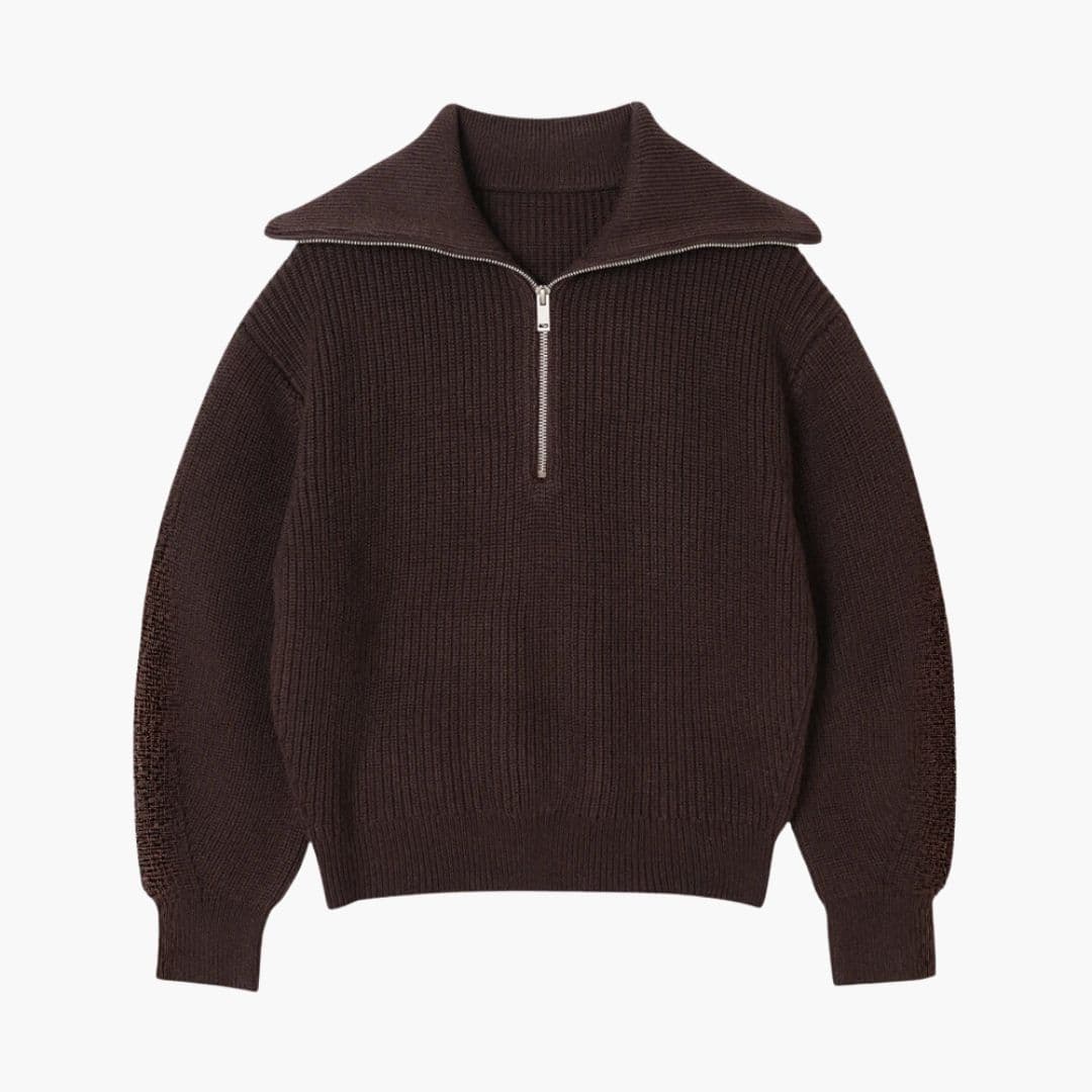 Sweter damski w paski z zamkiem i prążkowanym kołnierzem