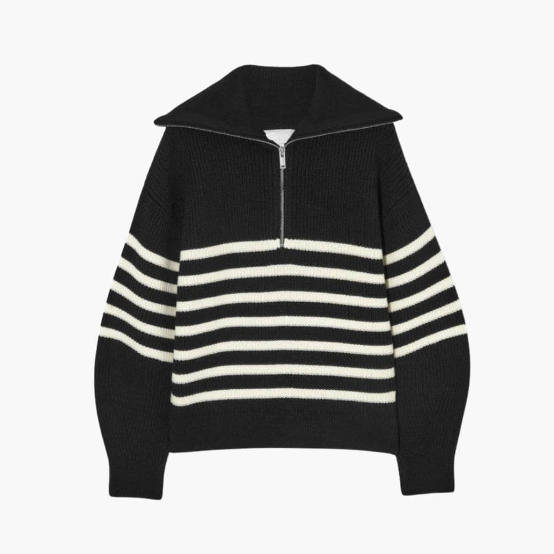 Sweter damski w paski z zamkiem i prążkowanym kołnierzem