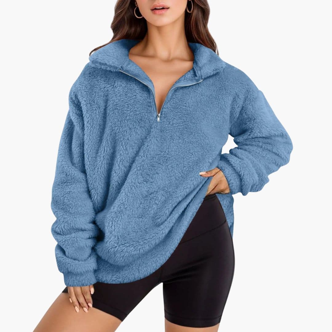 Oversize Damen Fleece-Pullover mit halbem Reißverschluss