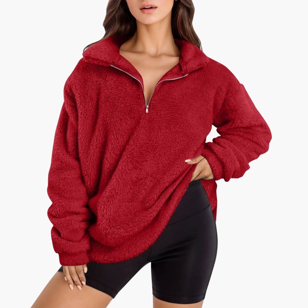 Oversize Damen Fleece-Pullover mit halbem Reißverschluss