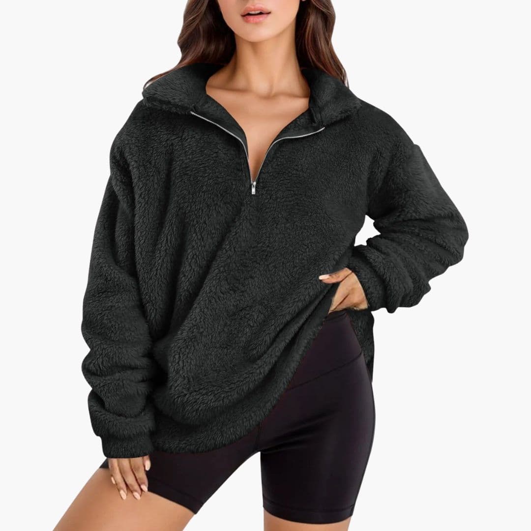 Oversize Damen Fleece-Pullover mit halbem Reißverschluss