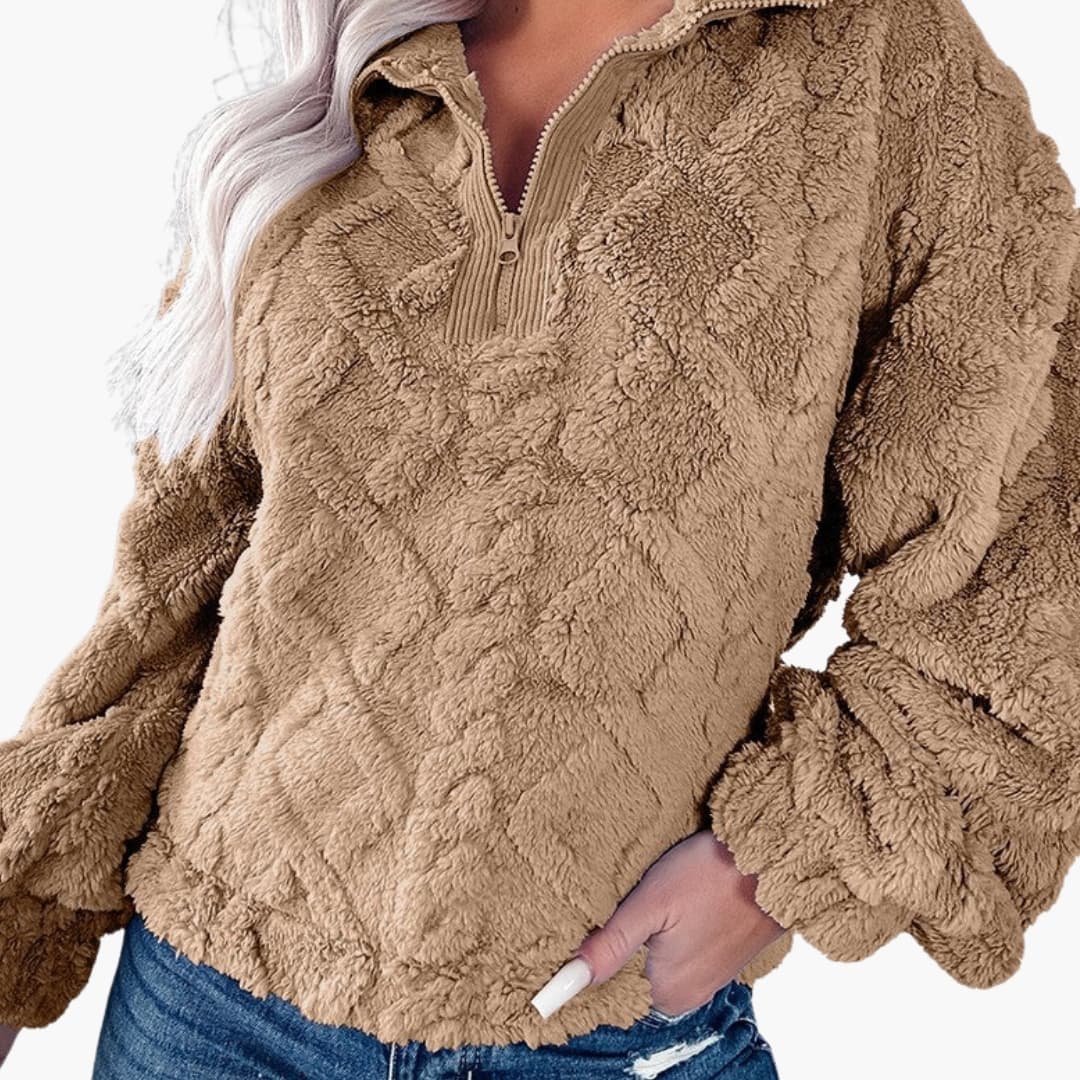 Pull polaire pour femme avec col demi zip et motif losange texturé