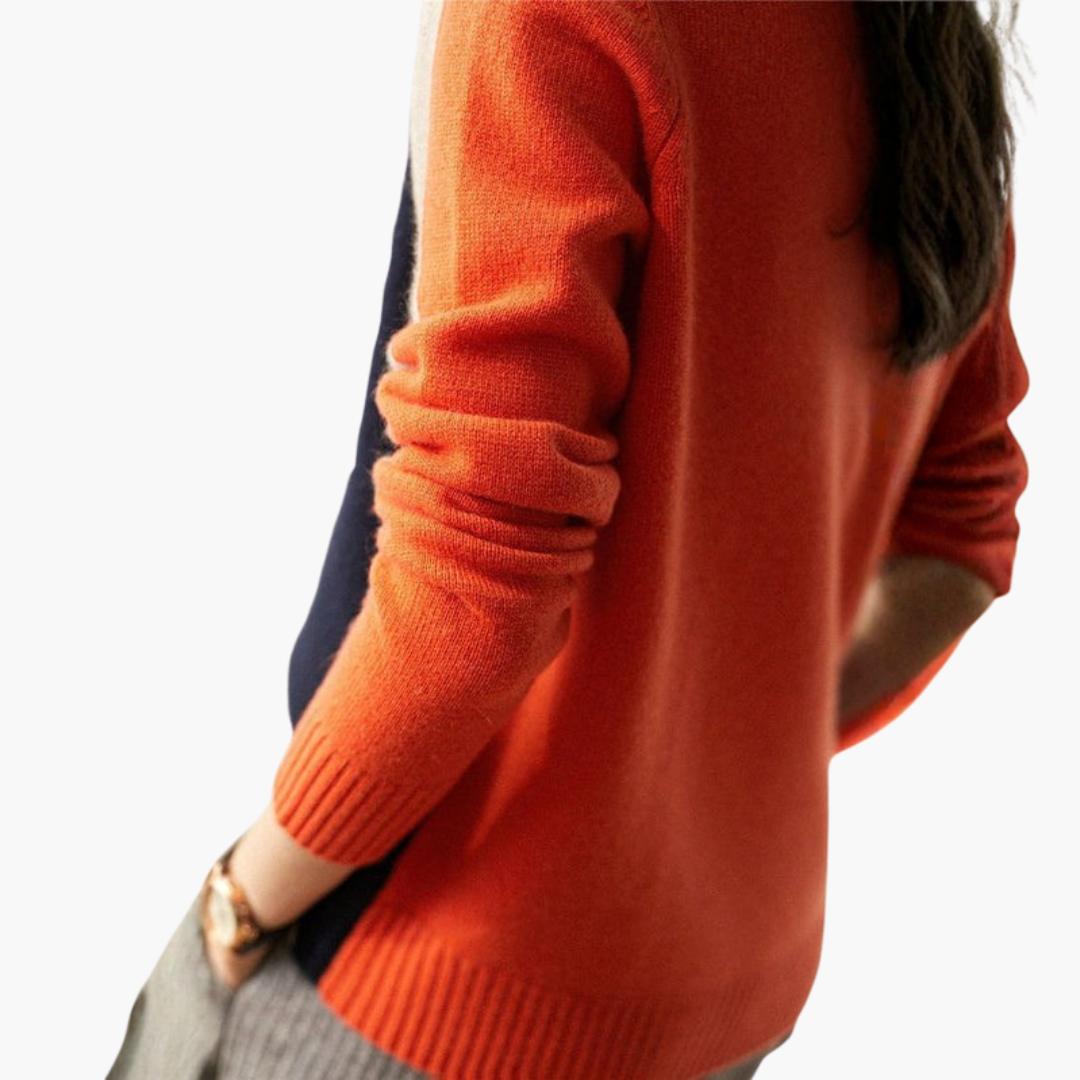 Damenpullover mit kontrastierenden Ärmeln und geripptem Saum