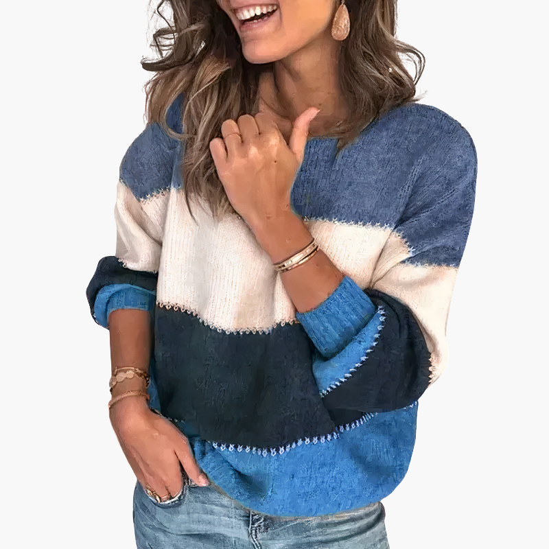Pull tricoté à rayures pour femme avec col rond