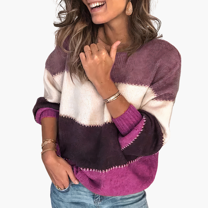 Pull tricoté à rayures pour femme avec col rond