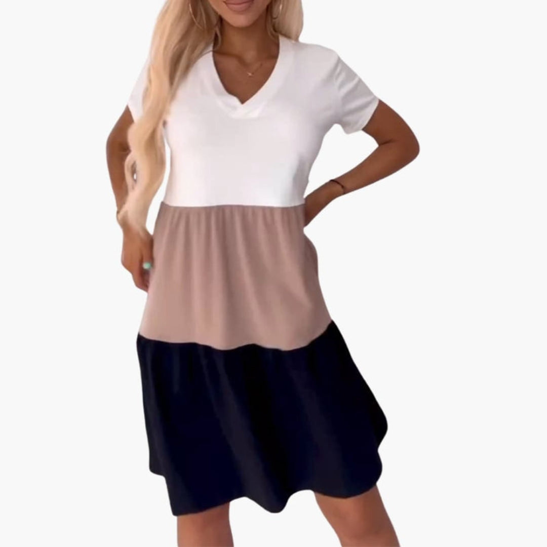 Robe Femme Color Block avec Manches Courtes et Poches