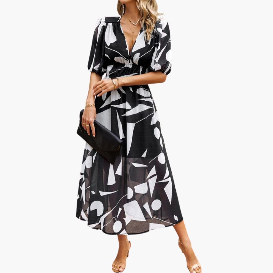 Vestido Floral Mujer con Escote en V y Cintura Elástica