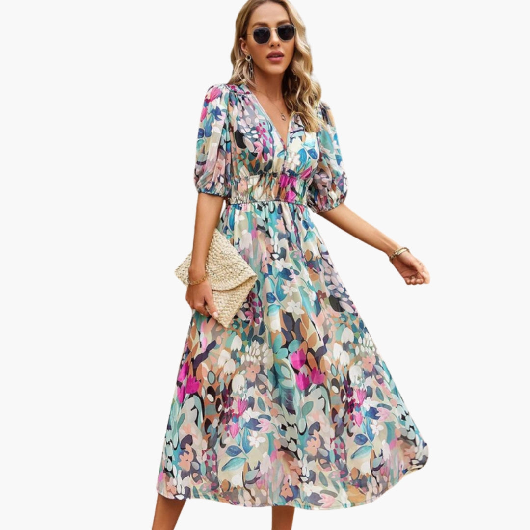Vestido Floral Mujer con Escote en V y Cintura Elástica