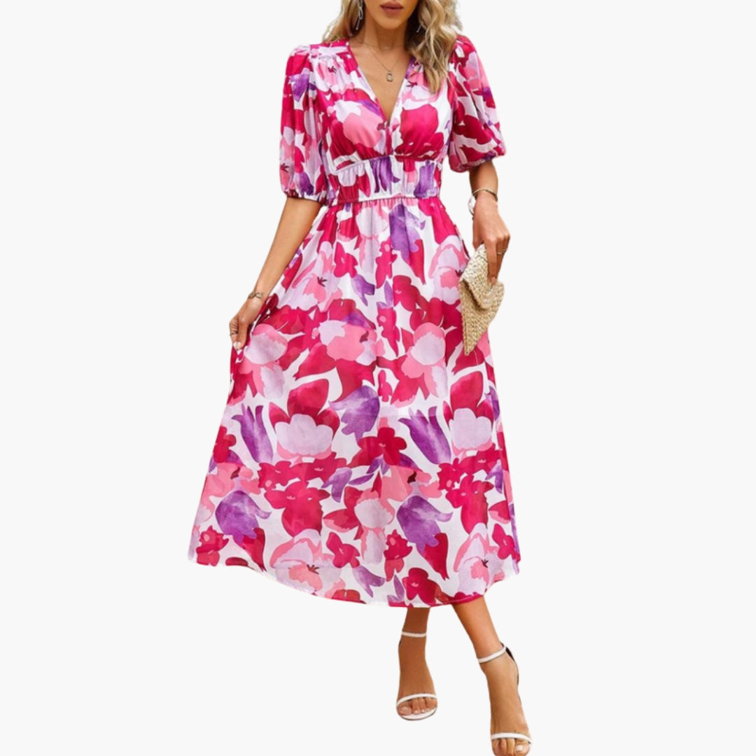 Vestido Floral Mujer con Escote en V y Cintura Elástica
